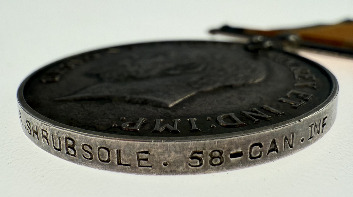 WWI British War Medal - 58th Canadian Infantry Battalion - Shrubsole