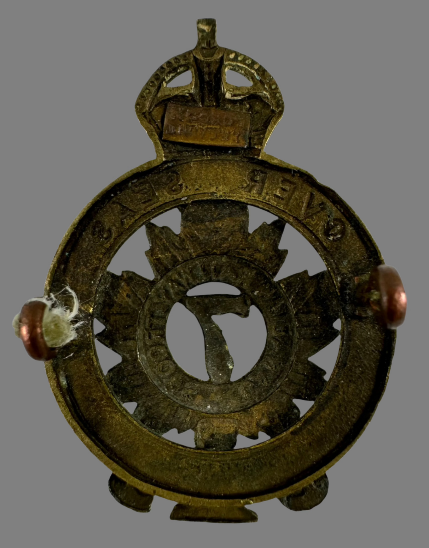 WWI - 7th Canadian Railway Troops Cap Badge - Dark Bronze Finish