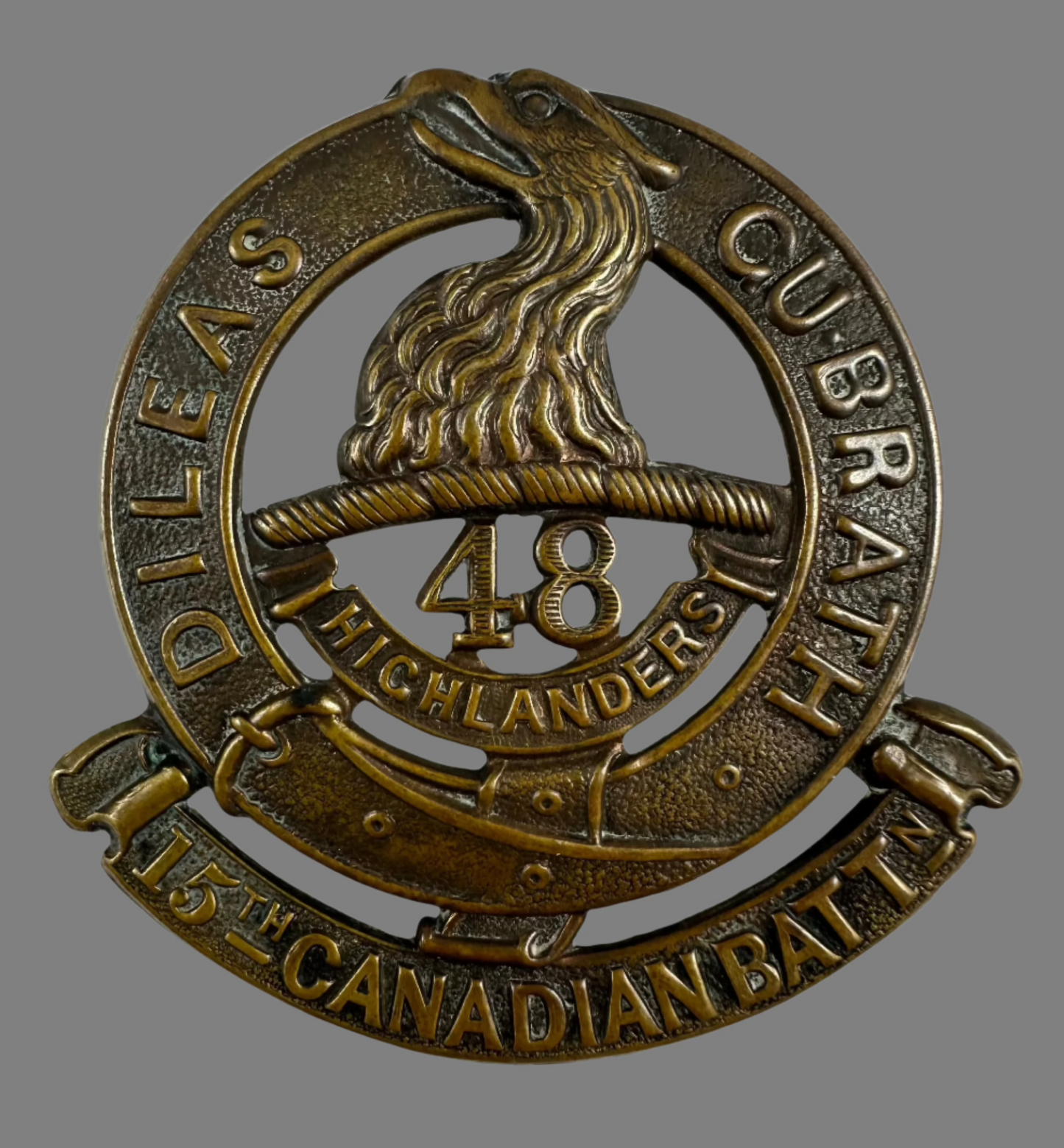 WWI - 15th Canadian Infantry Battalion (48th Highlanders of Canada) Cap Badge - Browning Copper