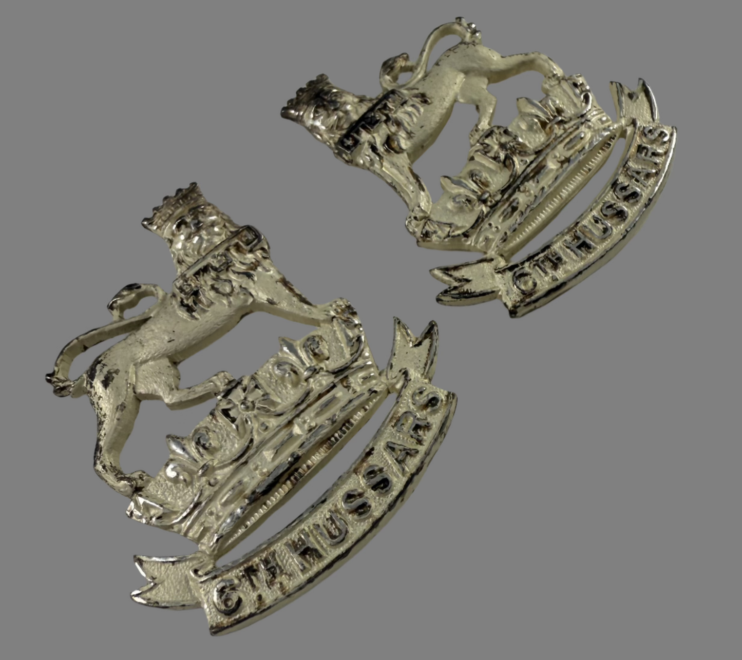 WWII 6th Duke of Connaught's Royal Canadian Hussars - Officer's Collar Badges - Frosted Silver Finish