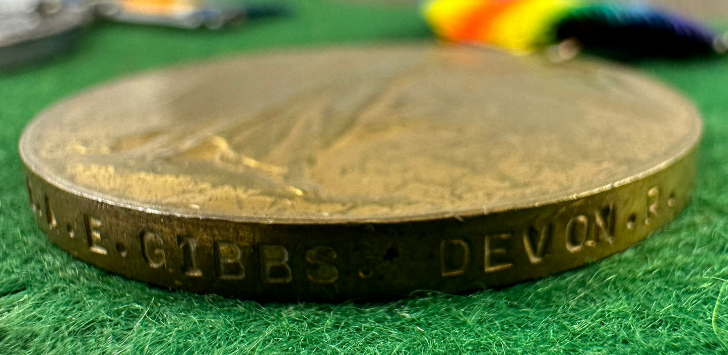 WWI Pair and Memorial Plaque to 1st Battalion Devonshire Regiment - Gibbs