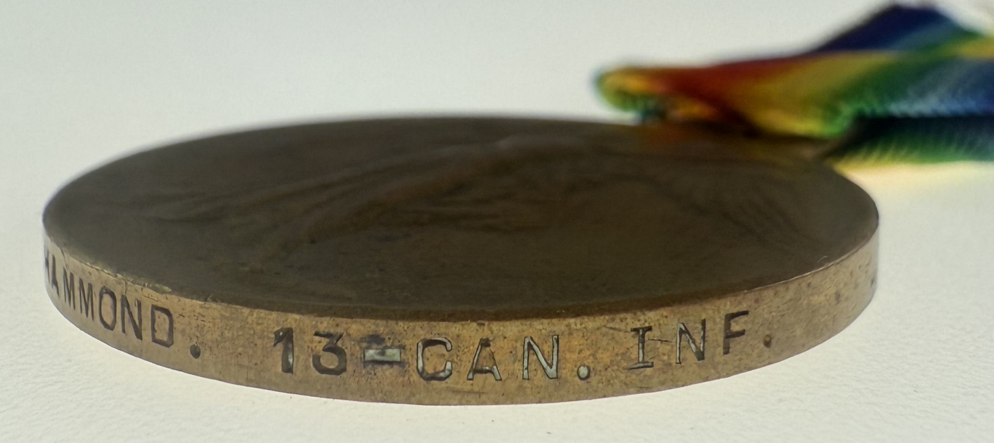 WWI Victory Medal - 13th Canadian Infantry Battalion - Hammond - WIA