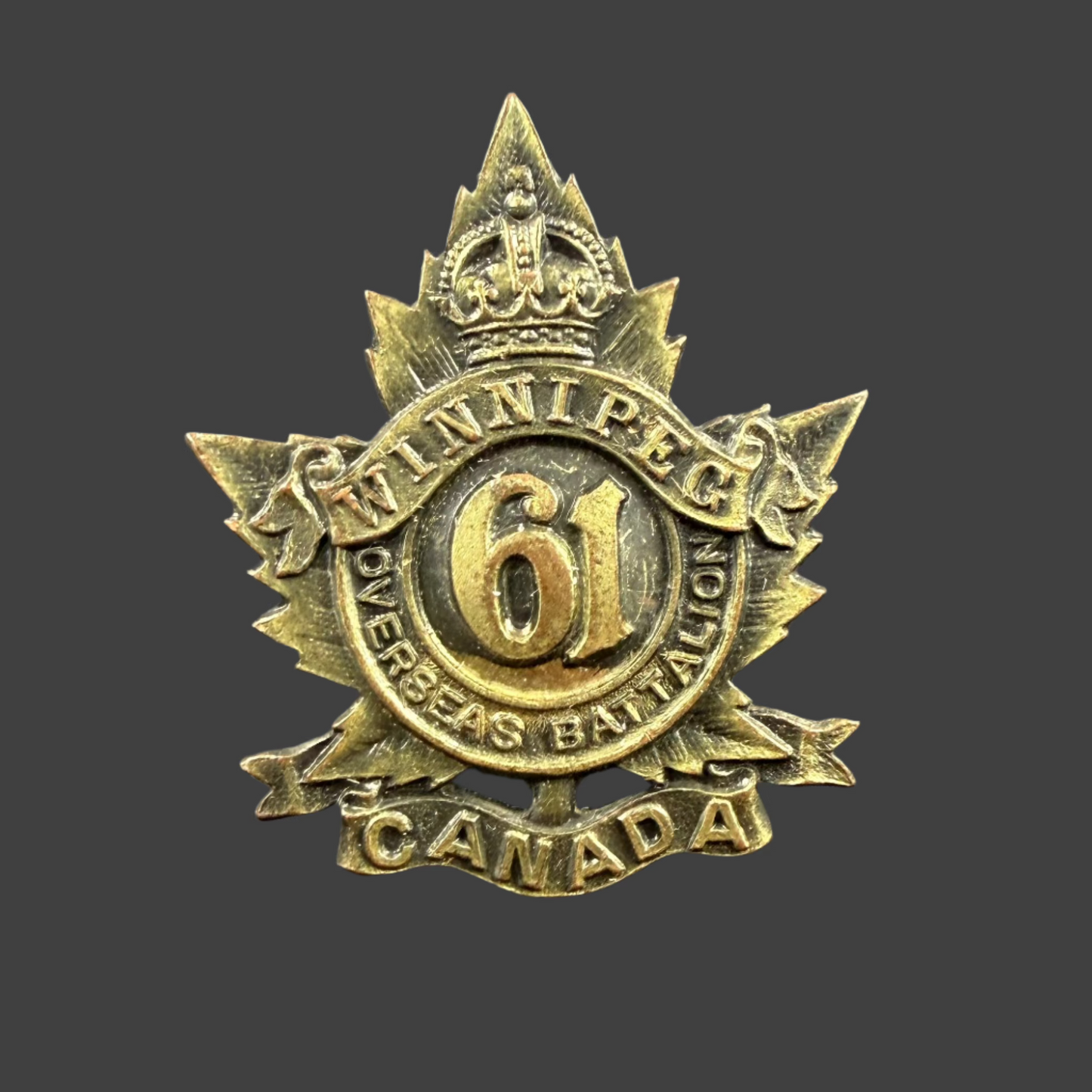 WWI - CEF Collar Badge - 61st Canadian Infantry Battalion (Winnipeg) - Inglis