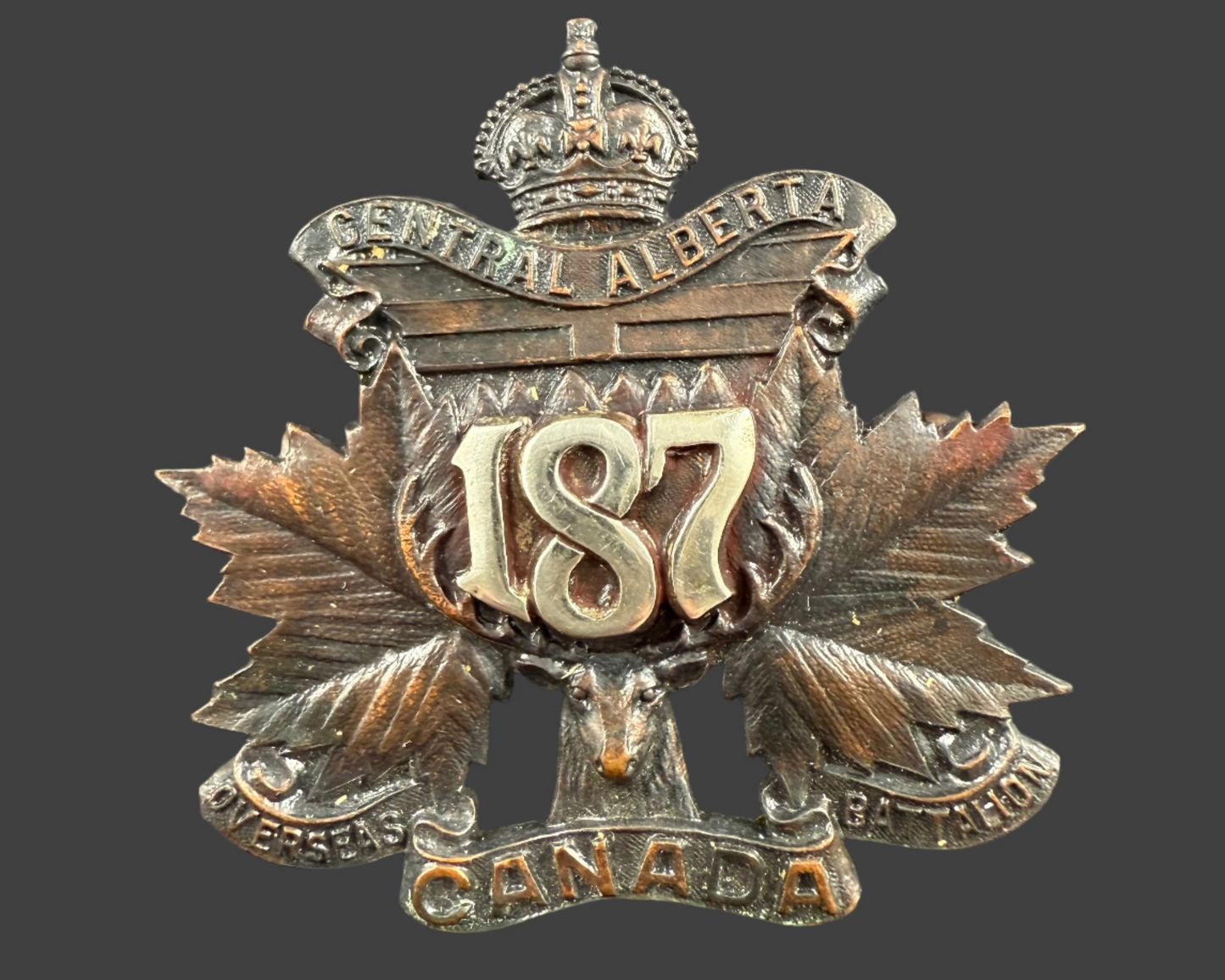 WWI - CEF Cap Badge - 187th Canadian Infantry Battalion (Central Alberta) - Officers'