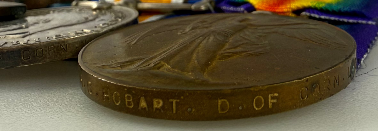 British - WWI - 1914-15 Medal Trio to Duke of Cornwall's Light Infantry - KIA - Hobart