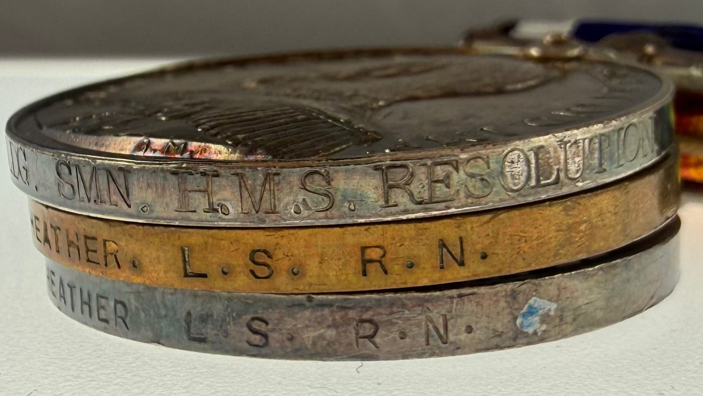 British - WWI - 1914-15 Medal Trio and Royal Navy Long Service Medal Group - HMS Resolution - Heather