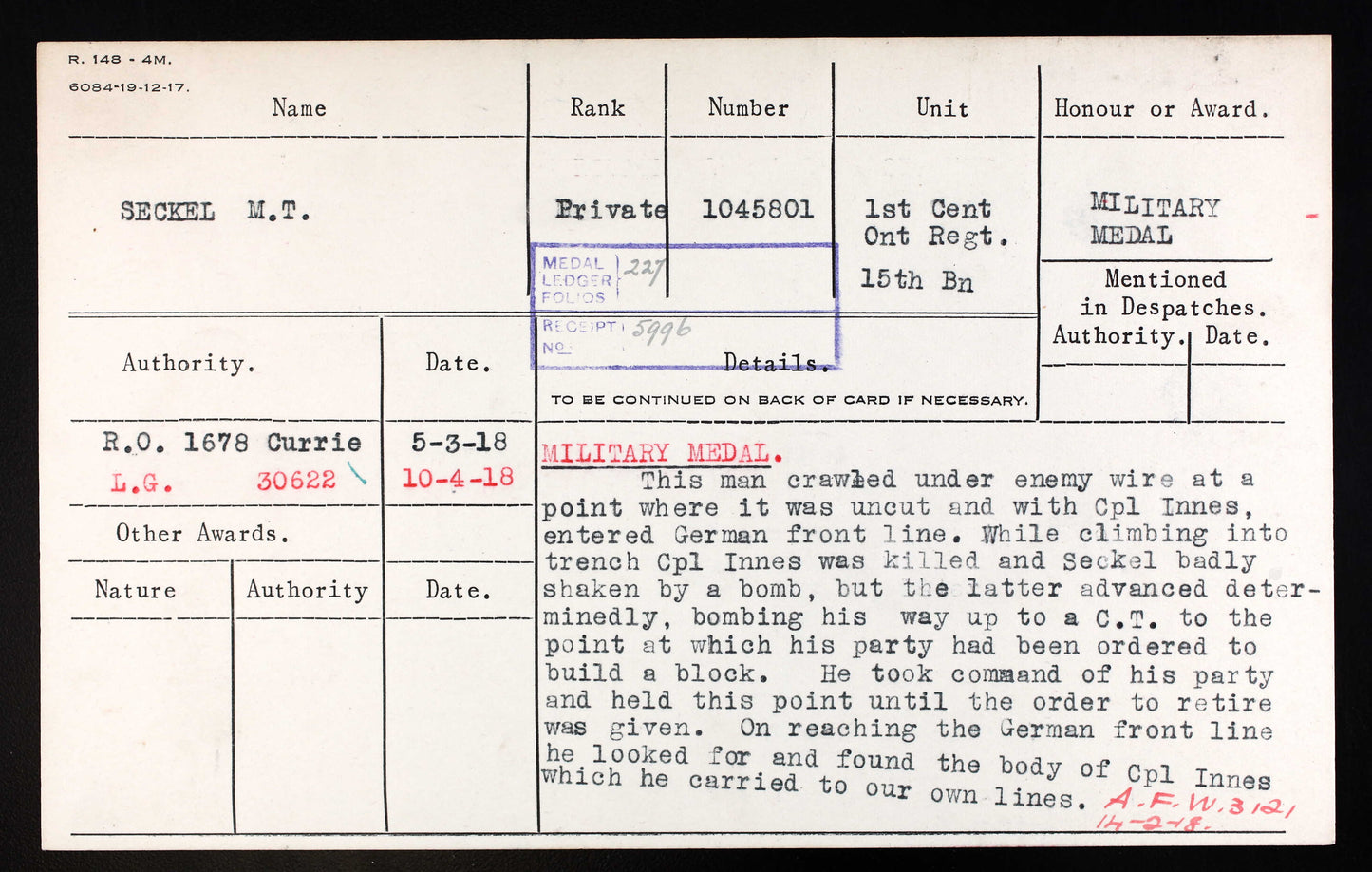 WWI Victory Medal - 15th Canadian Infantry Battalion - Military Medal - Jewish