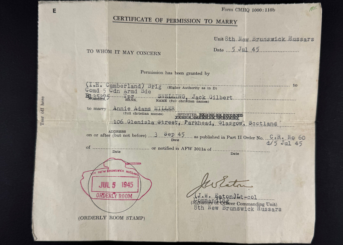 Canadian WWII - Medal Group - 8th Princess Louise's (New Brunswick) Hussars - Snelling