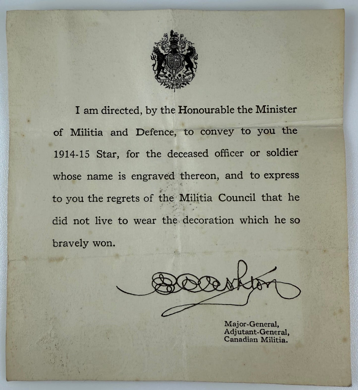Canadian - WWI - CEF Medal Document for 1914-15 Star - Killed / Died