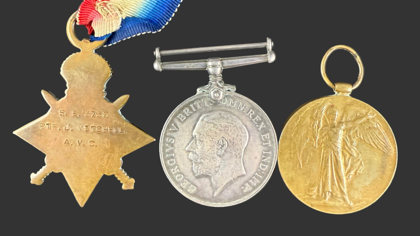 British - WWI - 1914-15 Medal Trio to Royal West Kent Regiment / Rifle Brigade (London Regiment)  / Army Veterinary Corps - Wounded - Mitchell