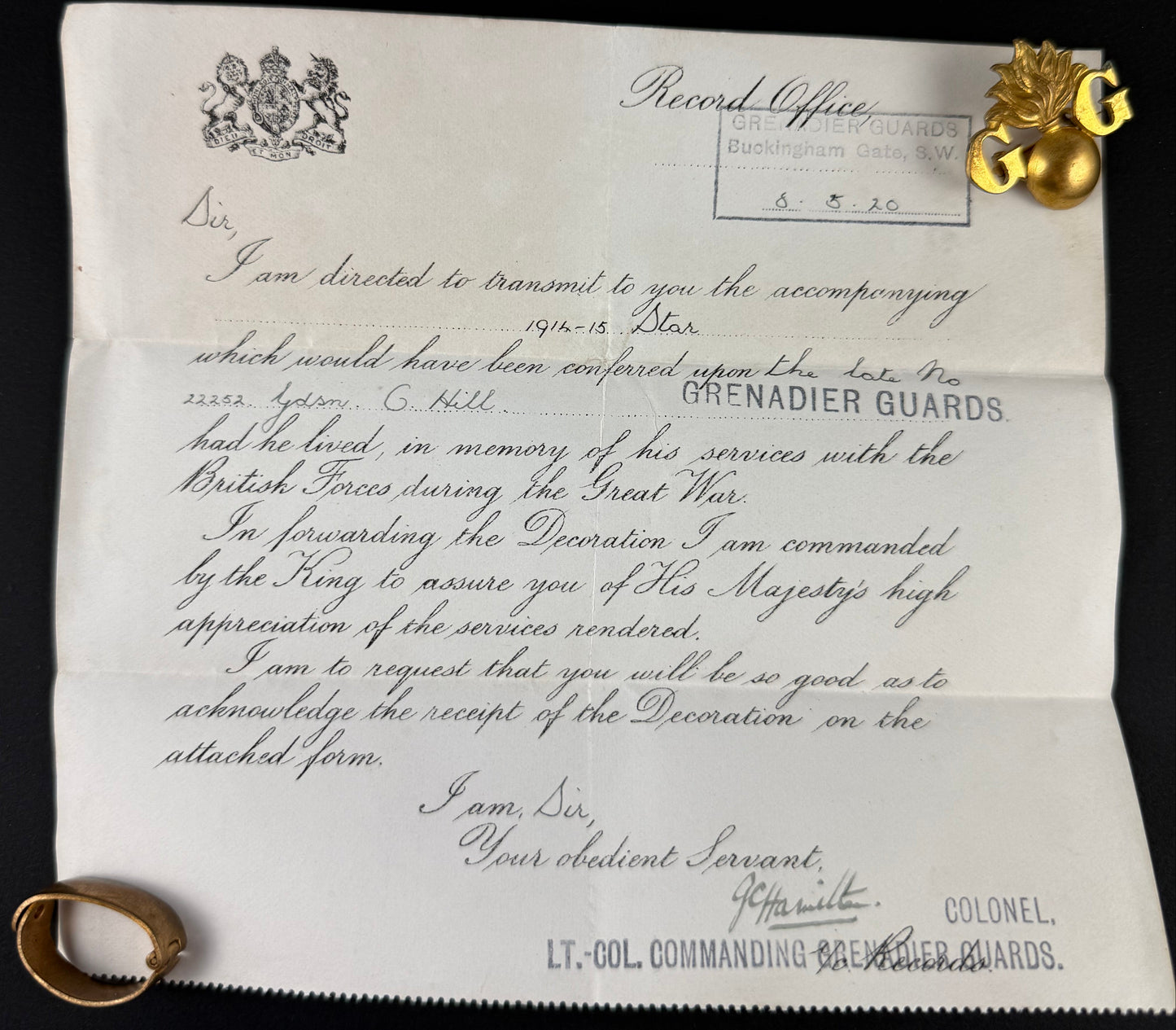 British - WWI - 1914-15 Star Medal Trio and Memorial Plaque - Grenadier Guards - Hill - KIA