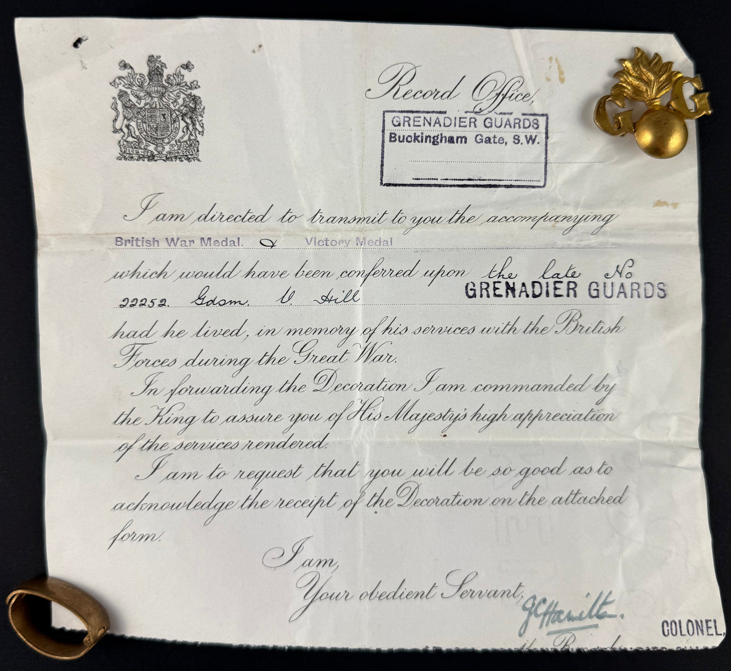 British - WWI - 1914-15 Star Medal Trio and Memorial Plaque - Grenadier Guards - Hill - KIA