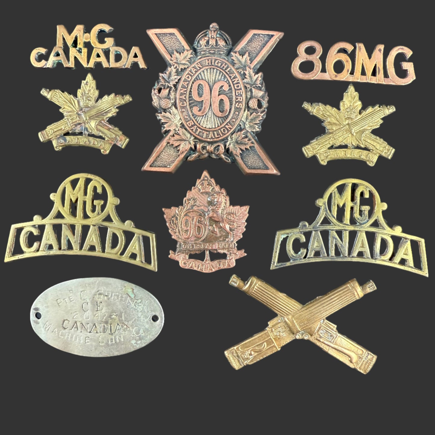 Canadian - WWI - CEF Medal Pair, Photo and Assorted Badges to Canadian Machine Gun Brigade - WIA - Green