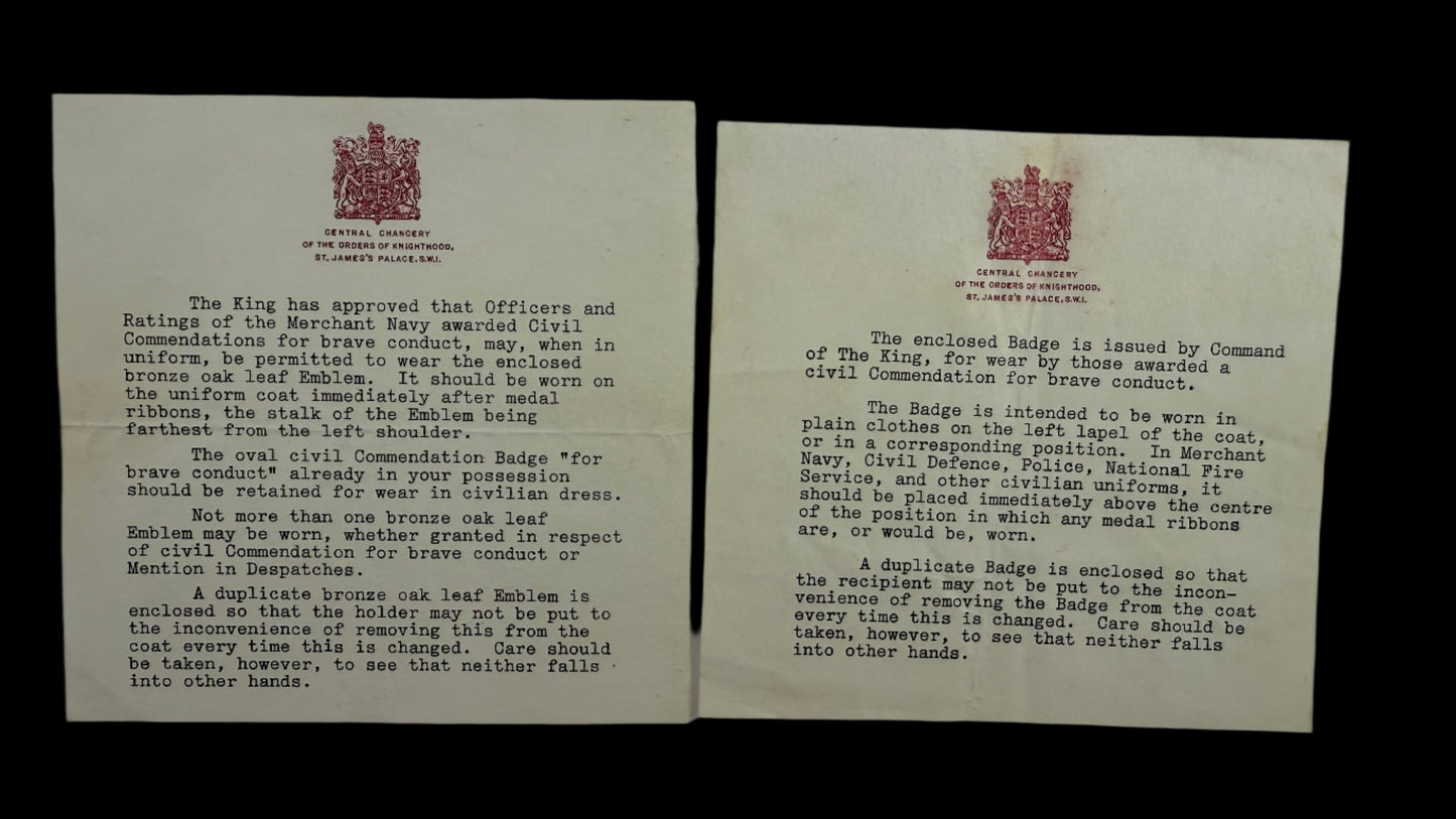 WWI / WWII - British - Merchant Navy Medal Group - King's Commendation for Brave Conduct - Williams