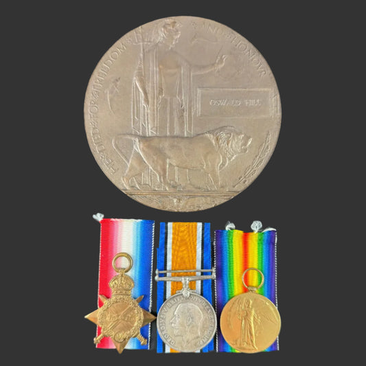 British - WWI - 1914-15 Star Medal Trio and Memorial Plaque - Grenadier Guards - Hill - KIA