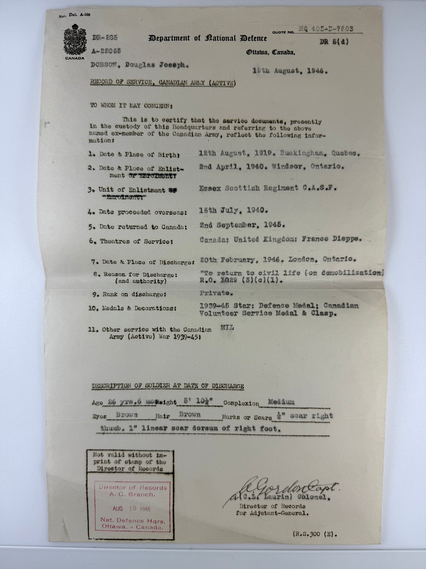 Canadian WWII - Medal Group - Essex Scottish Regiment - POW Dieppe 1942 - Dobson