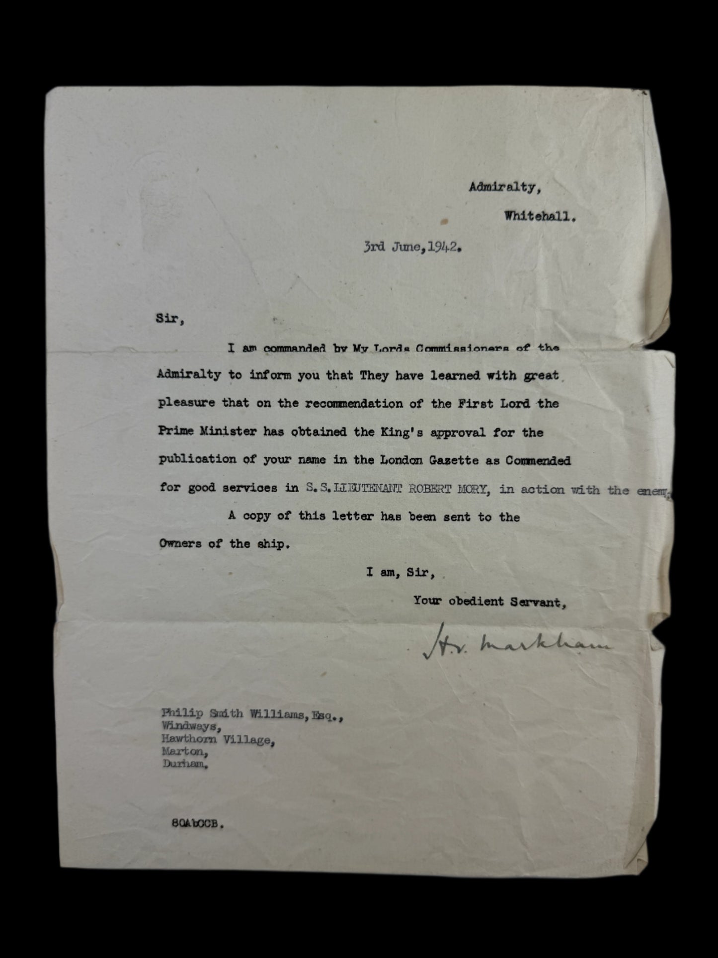 WWI / WWII - British - Merchant Navy Medal Group - King's Commendation for Brave Conduct - Williams