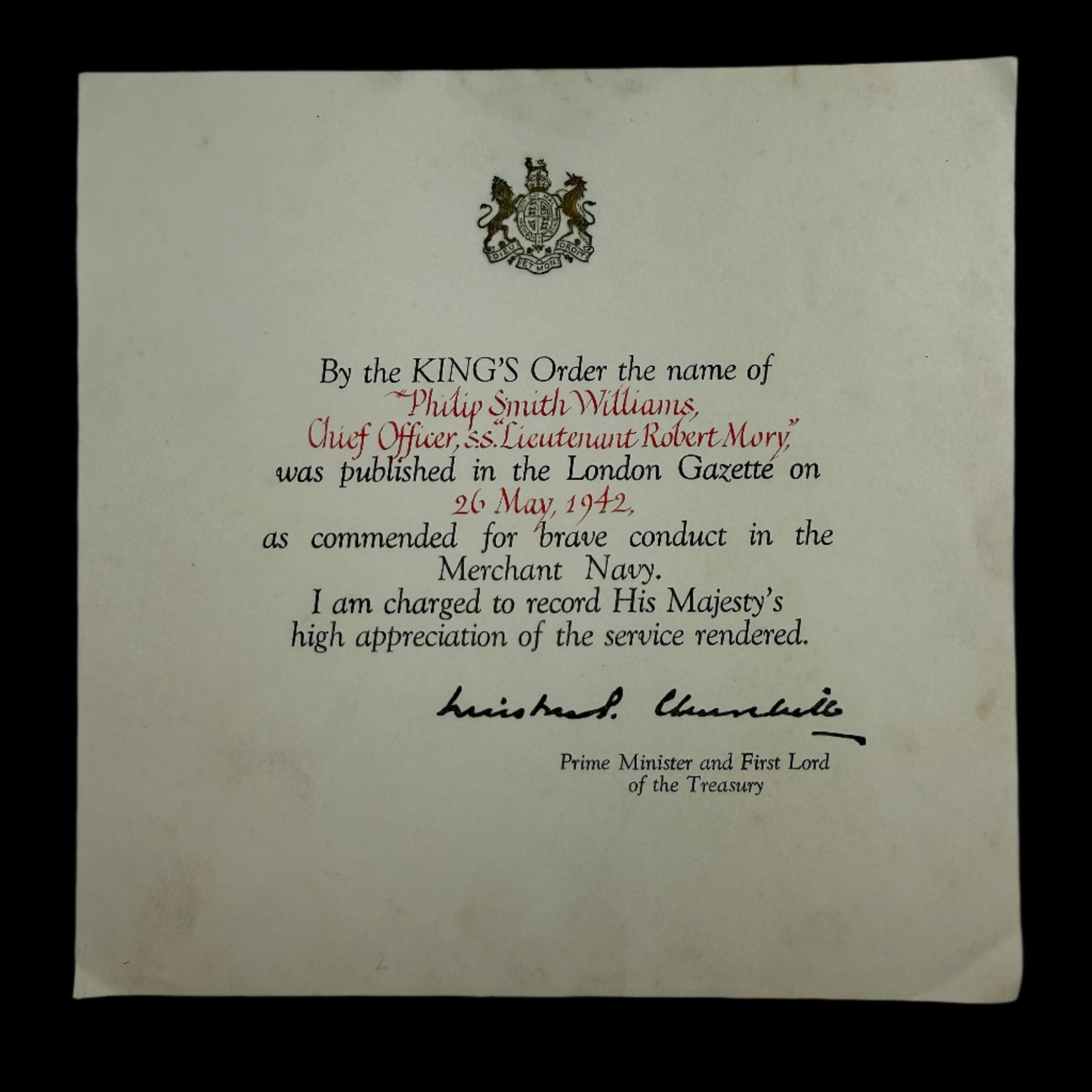 WWI / WWII - British - Merchant Navy Medal Group - King's Commendation for Brave Conduct - Williams