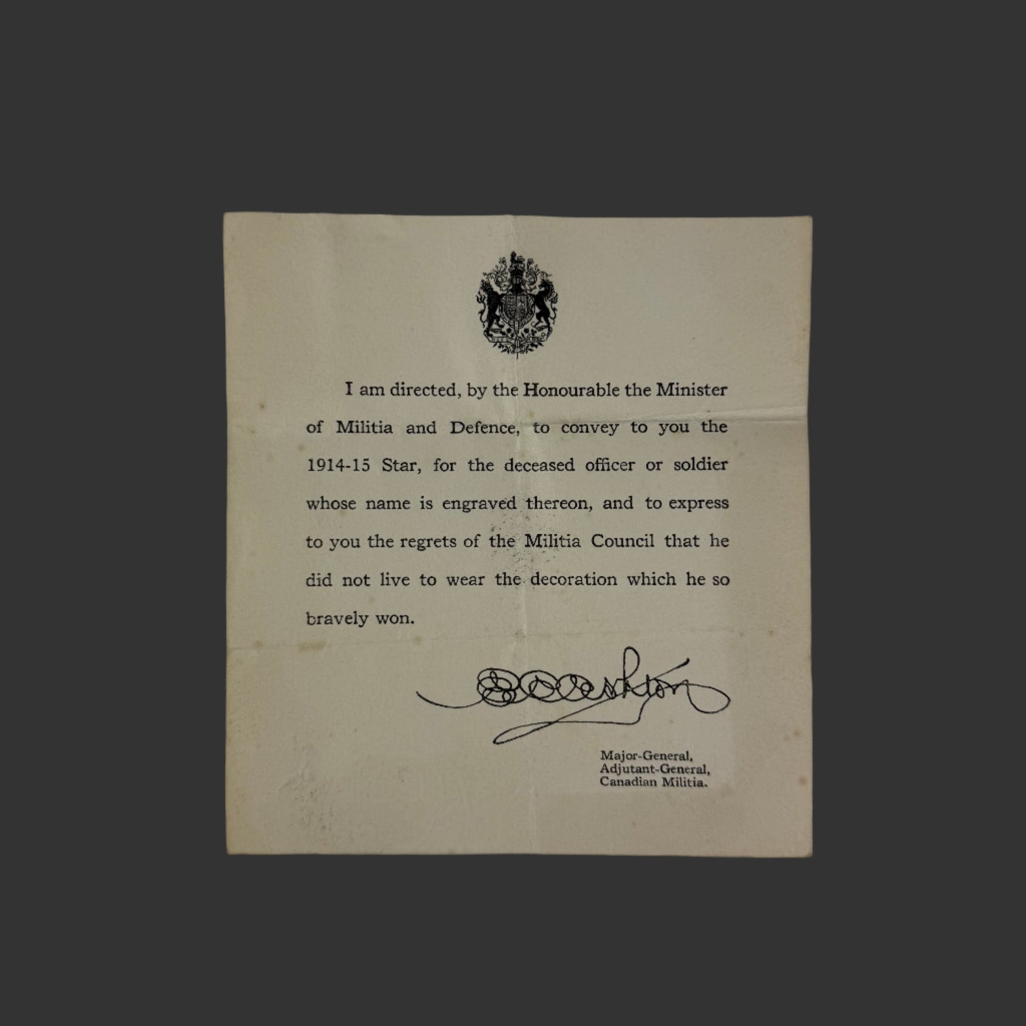 Canadian - WWI - CEF Medal Document for 1914-15 Star - Killed / Died