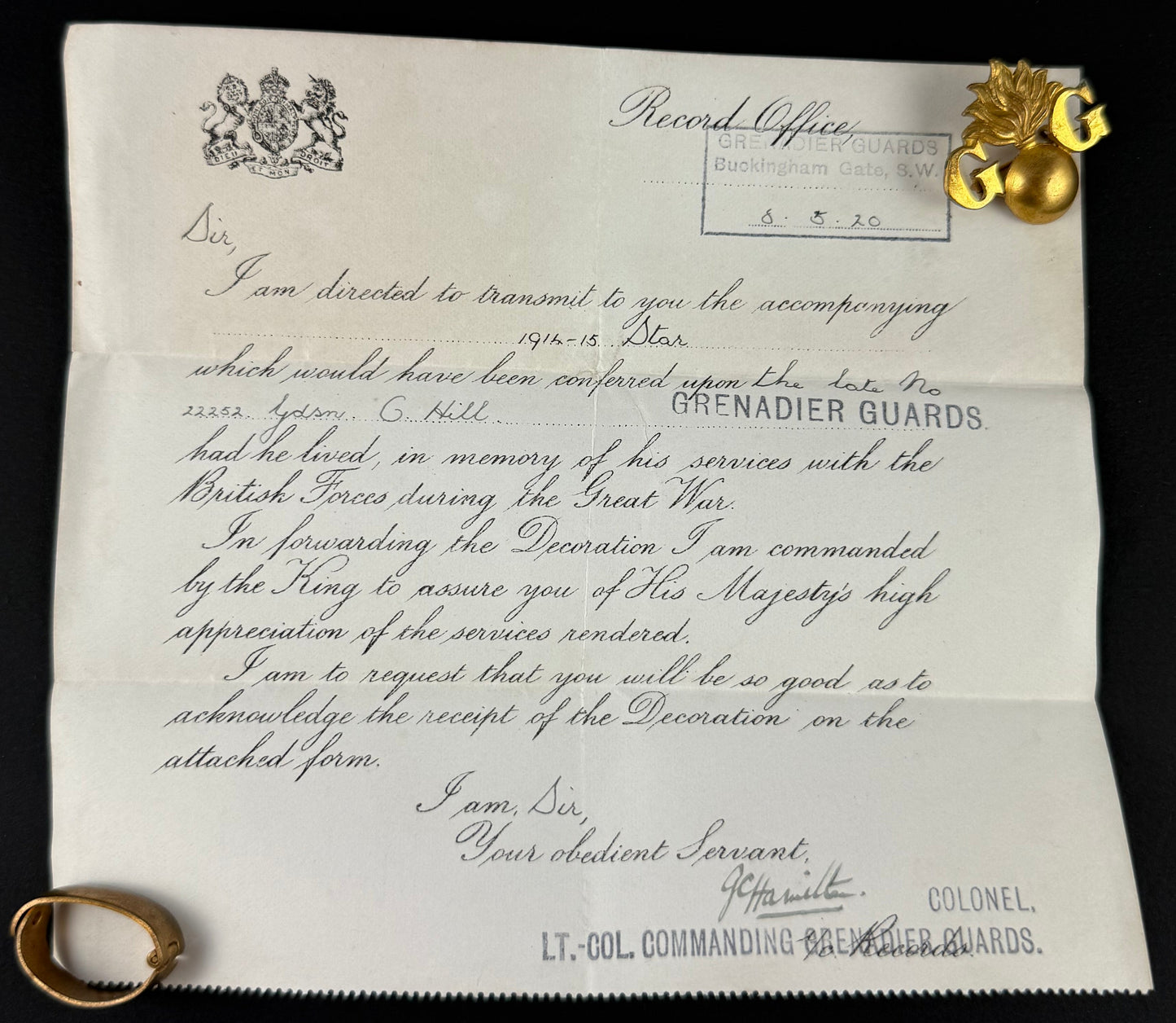 British - WWI - 1914-15 Star Medal Trio and Memorial Plaque - Grenadier Guards - Hill - KIA