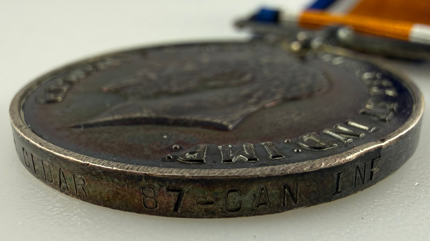 Canadian - WWI - Medal Pair to 87th Canadian Infantry Battalion (Canadian Grenadier Guards) - WIA - Cedar