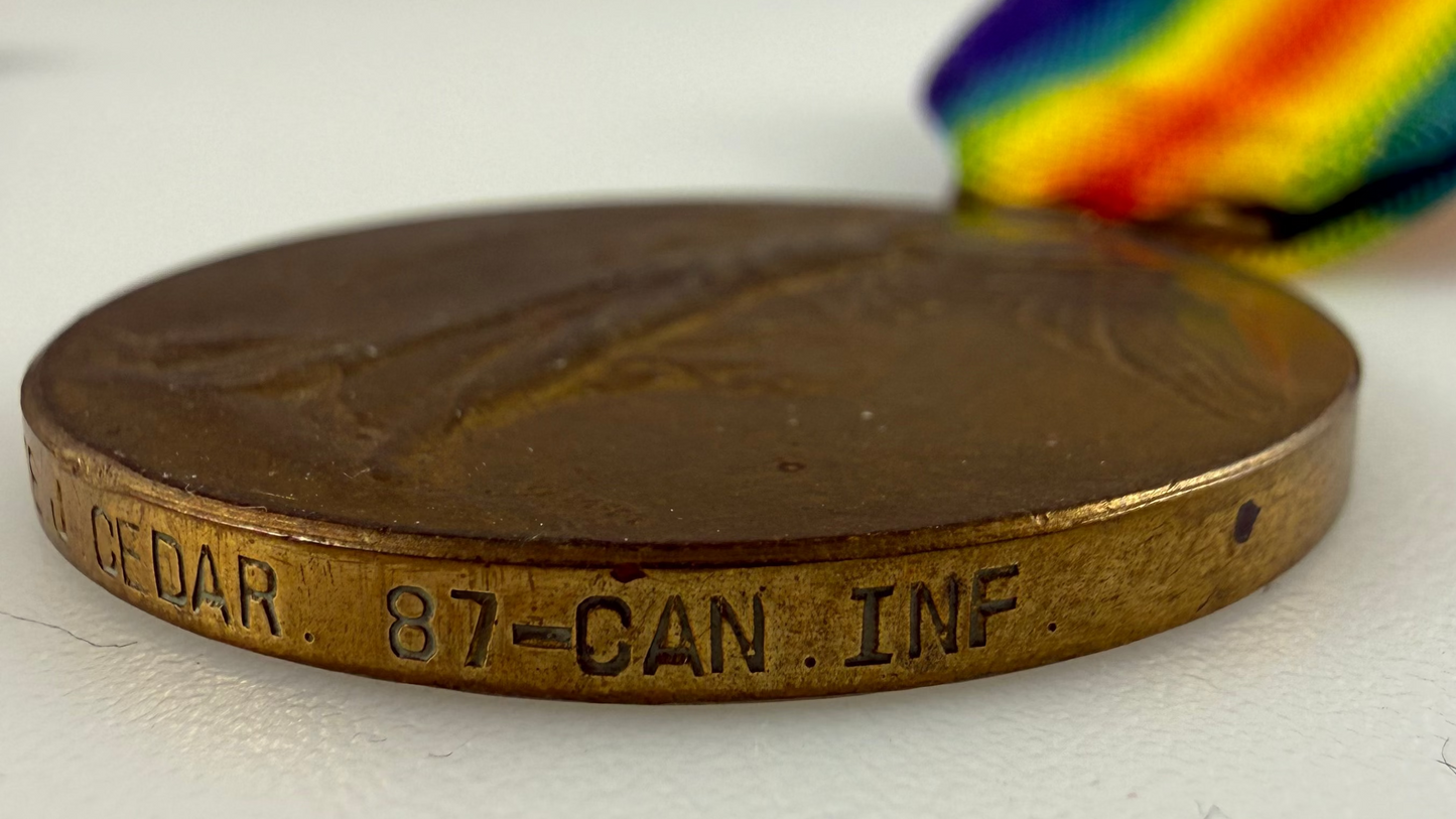Canadian - WWI - Medal Pair to 87th Canadian Infantry Battalion (Canadian Grenadier Guards) - WIA - Cedar