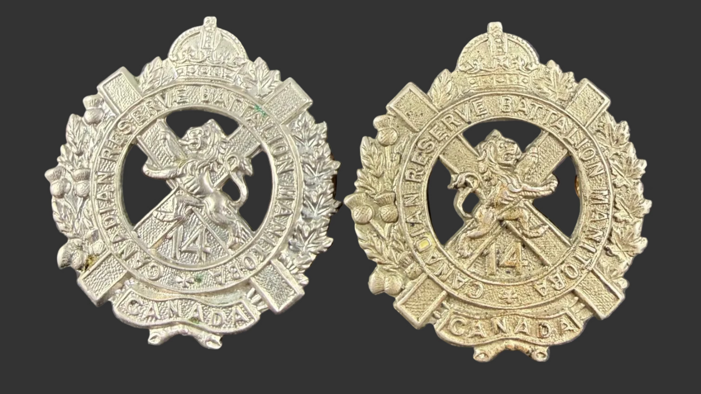 Canadian - WWI - CEF Collar Badge Pair - 14th Canadian Reserve Battalion - Winnipeg Manitoba