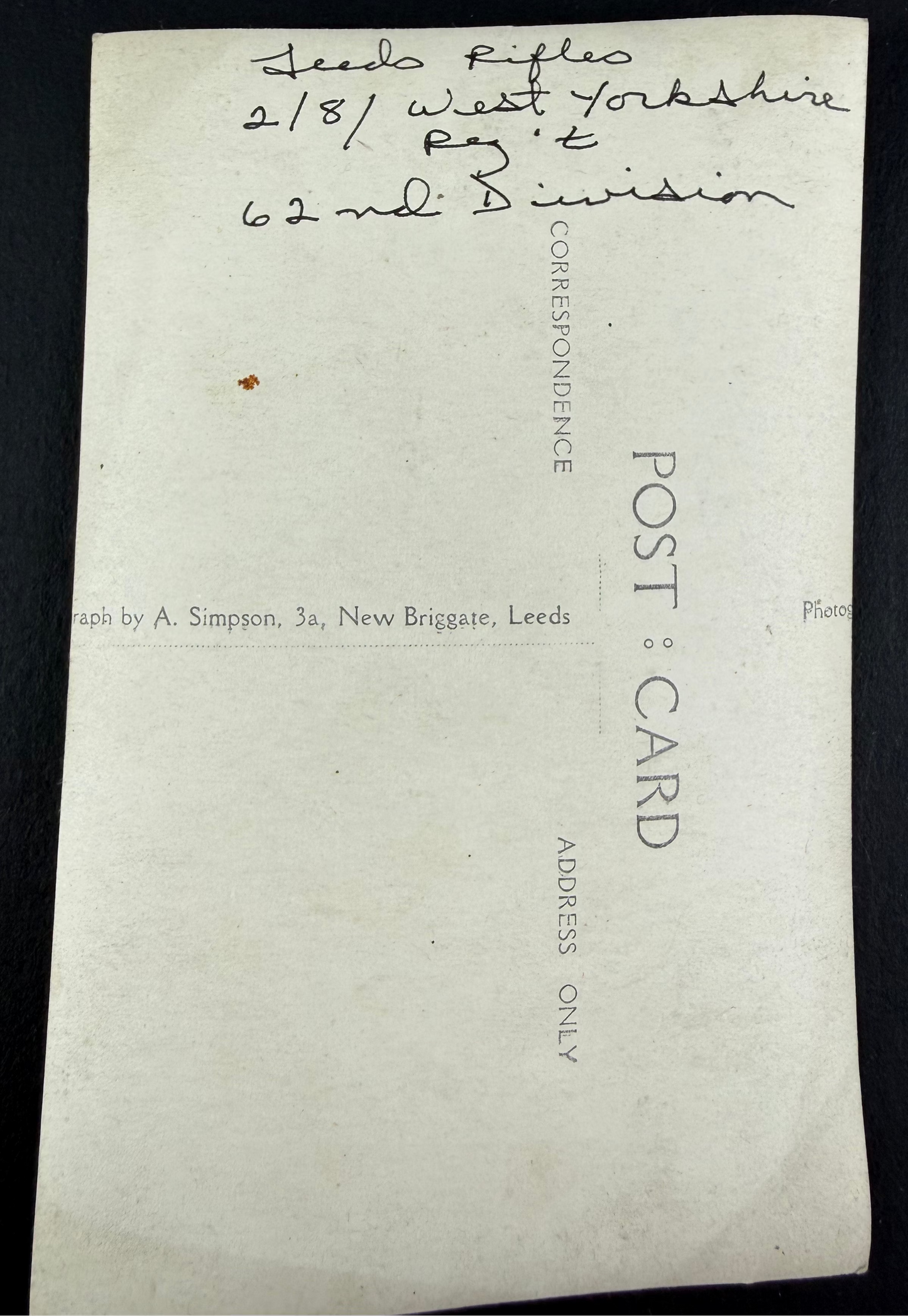 British - WWI - BEF Photo Postcard - 2/8 West Yorkshire Regiment (Leeds Rifles) - 62nd Division