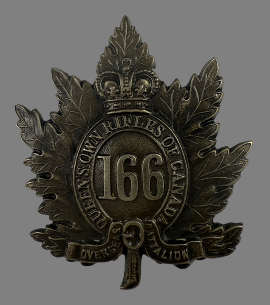 Canadian WWI - 166th Infantry Battalion (Queen's Own Rifles of Canada) Cap Badge Pickled Brass