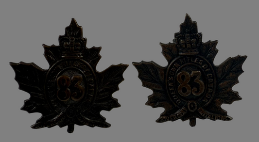 Canadian WWI - 83rd Infantry Battalion (Queen's Own Rifles) Collar Badge Pair