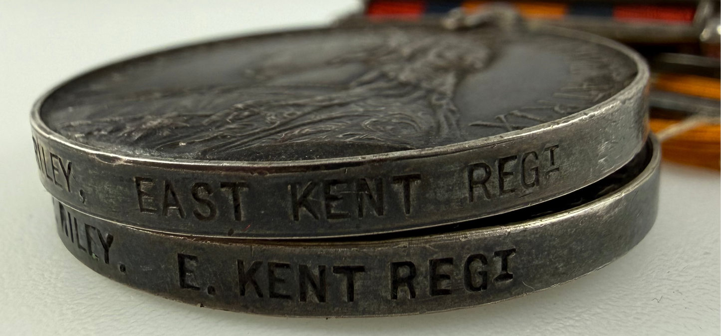 British - Pre-WWI - Medal Pair - Queen's South Africa Medal / King's South Africa Medal - East Kent Regiment - Riley