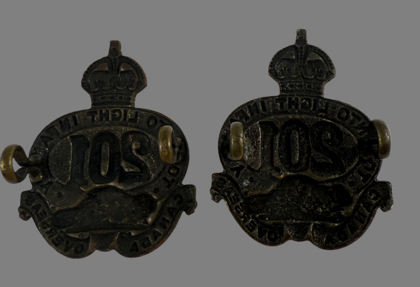 Canadian WWI - 201st Infantry Battalion (Toronto Light Infantry) Collar Badge Pair