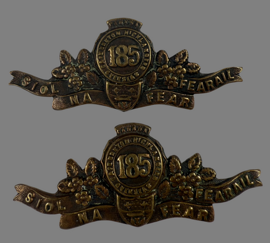WWI  - 185th Canadian Infantry Battalion (Cape Breton Highlanders) Collar Badge Pair - Scroll Type