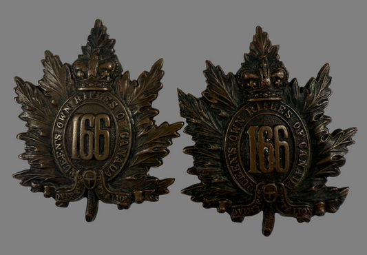 Canadian WWI - 166th Infantry Battalion (Queen's Own Rifles) Collar Badge Pair