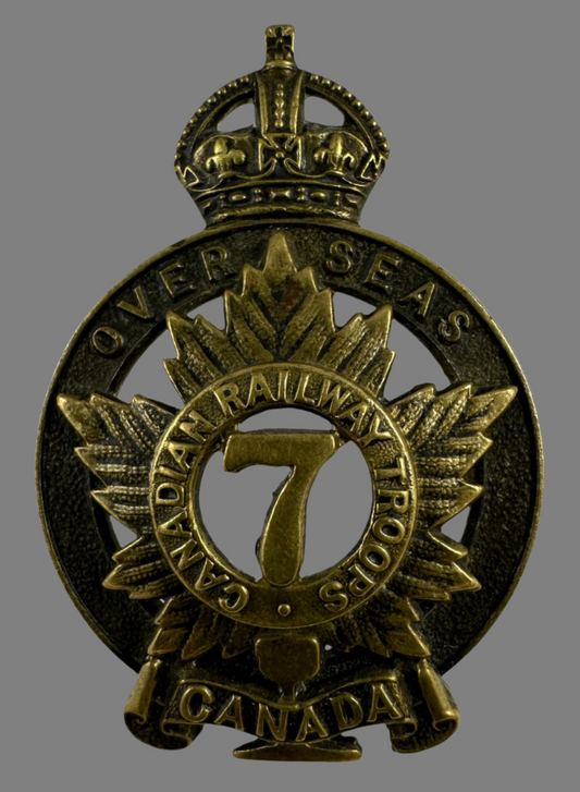 WWI - 7th Canadian Railway Troops Cap Badge - Dark Bronze Finish