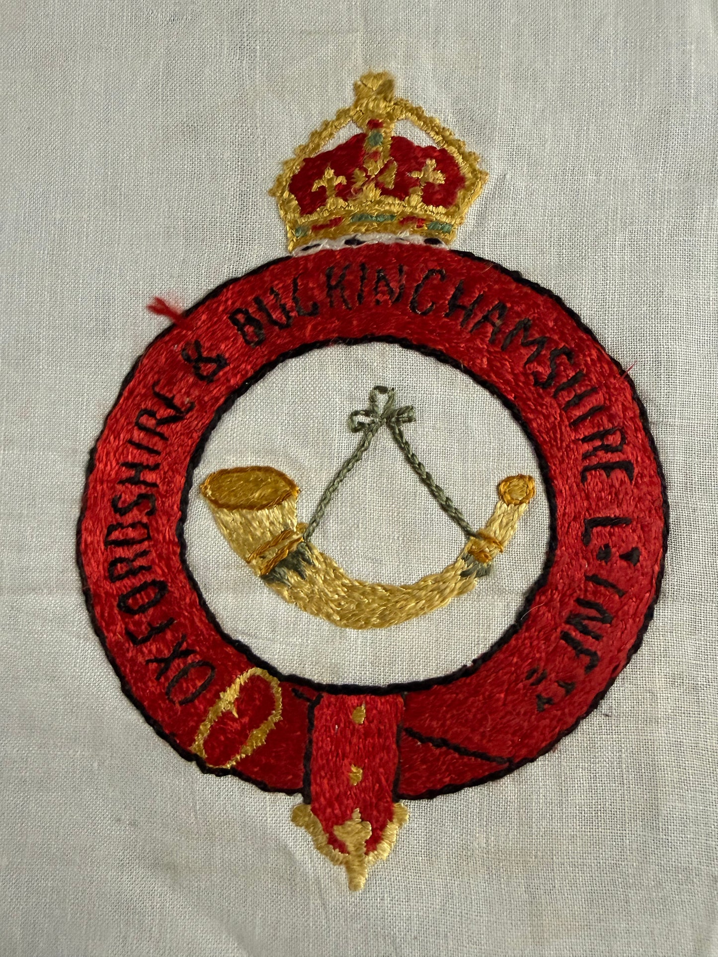 British - WWI - Oxfordshire and Buckinghamshire Light Infantry - Hand Embroidered Badge