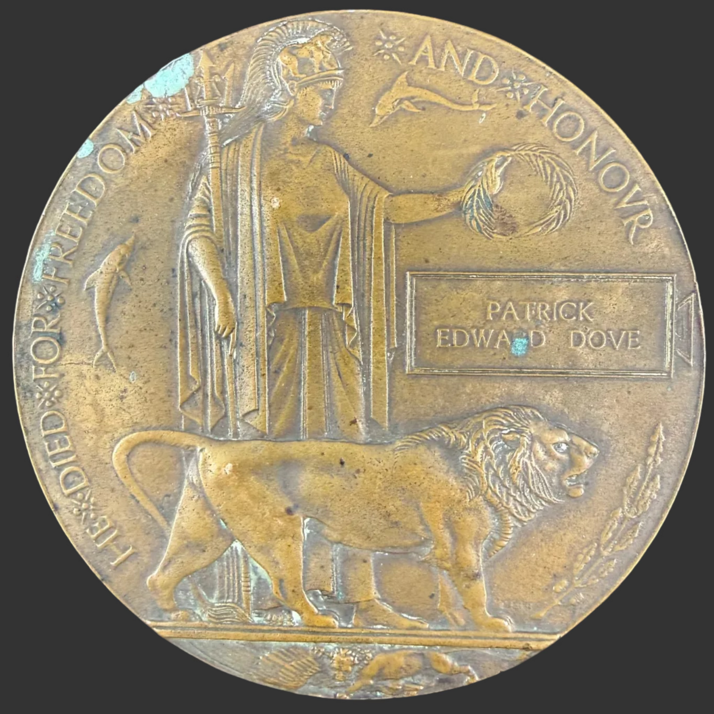 British – WWI – Memorial Plaque – Gordon Highlanders – Officer – Patrick Edward Dove