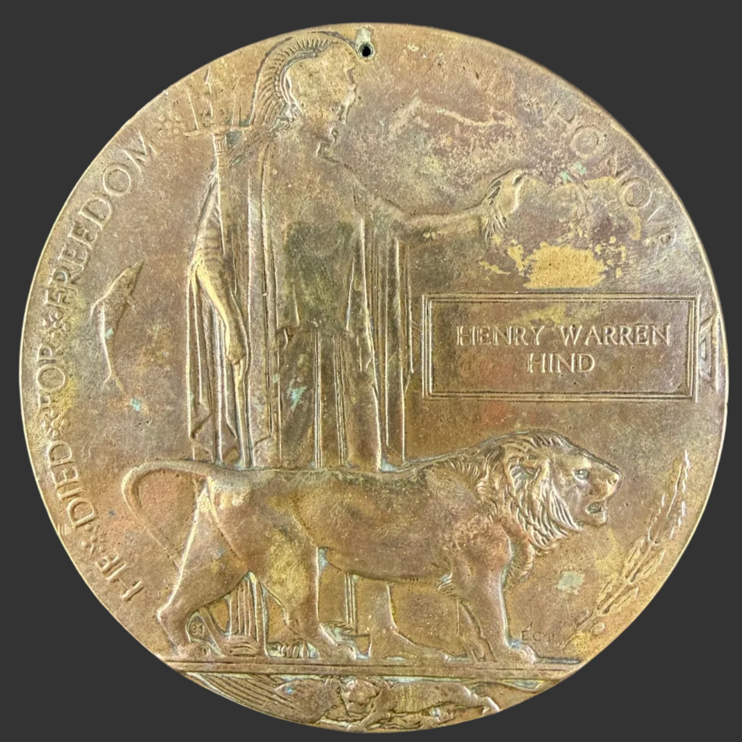 British – WWI – Memorial Plaque – Durham Light Infantry – Died as POW - Henry Warren Hind