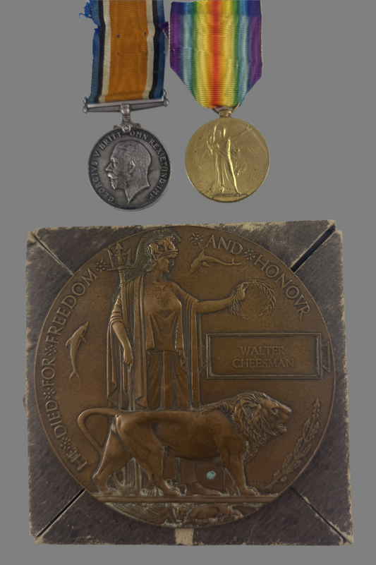 WWI Pair and Memorial Plaque to 13th Canadian Infantry Battalion - Cheesman - KIA