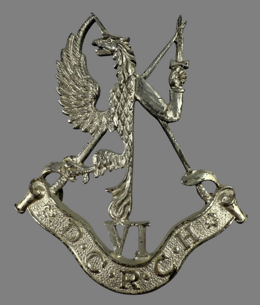 WWII - 6th Duke of Connaught's Royal Canadian Hussars - Officer's Cap Badge - Silver Frosted