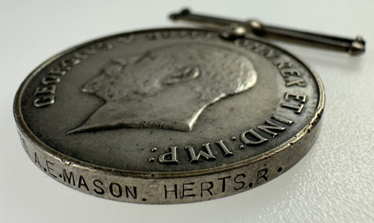 WWI British War Medal - Hertfordshire Regiment - Mason