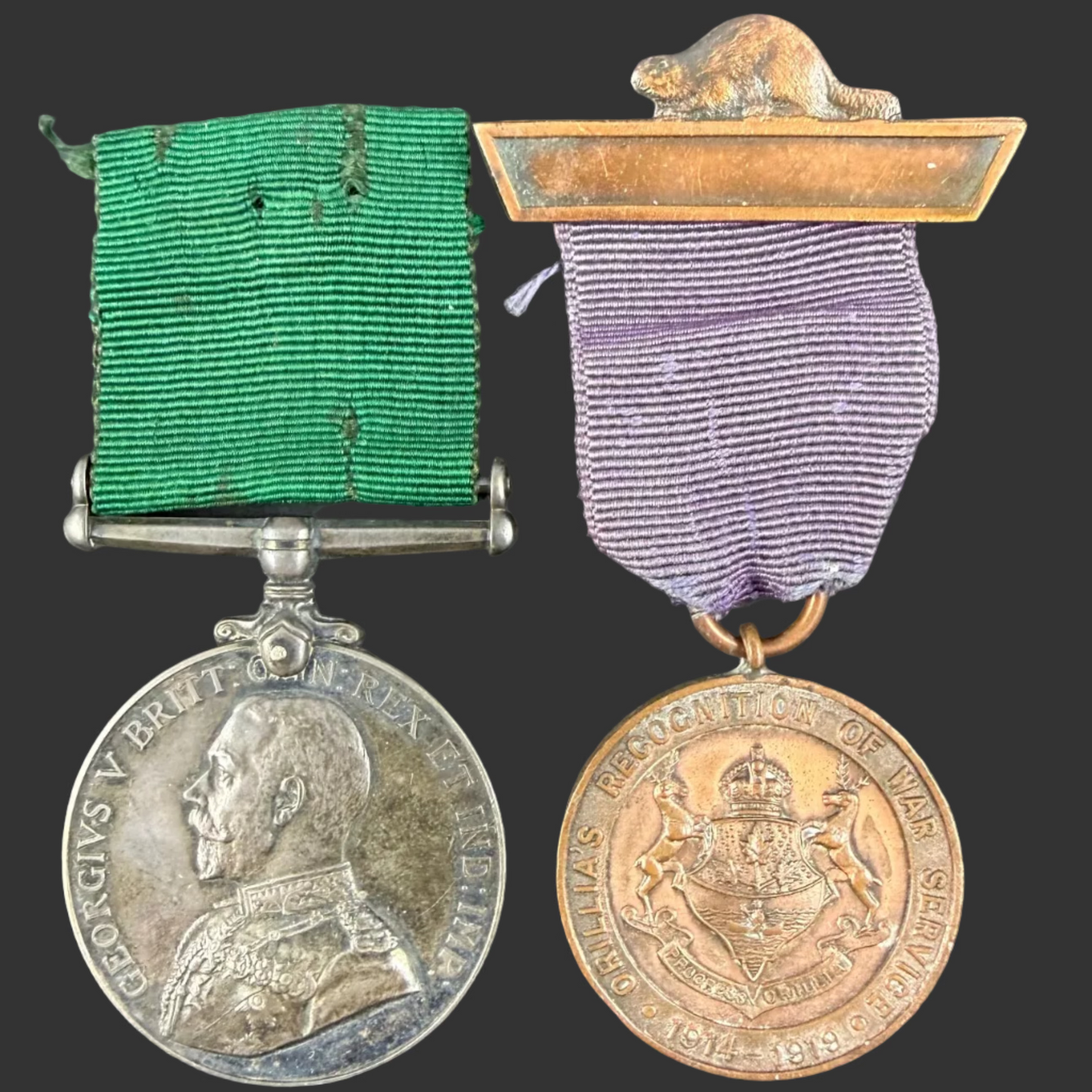 Canadian – WWI – Colonial Auxiliary Forces Long Service Medal and Orillia War Recognition Medal – Simcoe Foresters – Mainer