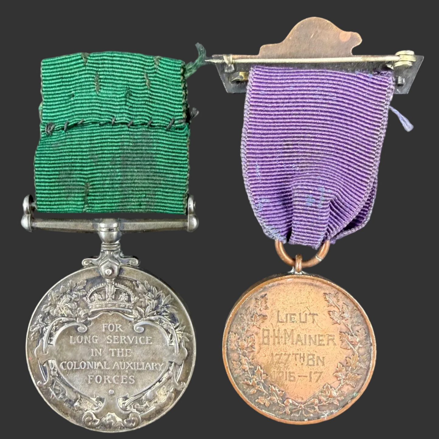 Canadian – WWI – Colonial Auxiliary Forces Long Service Medal and Orillia War Recognition Medal – Simcoe Foresters – Mainer