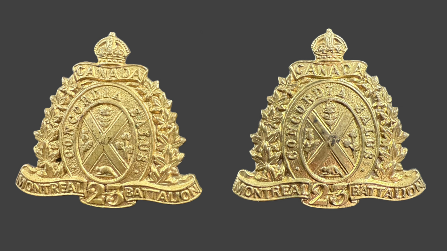 WWI - CEF Collar Badge Pair - 23rd Canadian Infantry Battalion (Montreal Battalion)