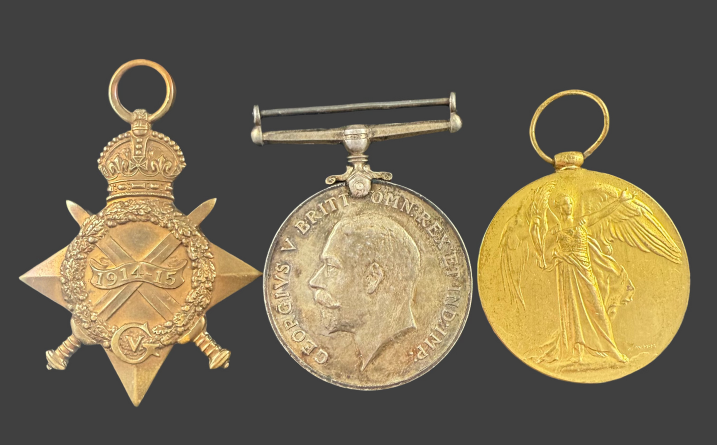 WWI 1914-15 Medal Trio to Mercantile Fleet Auxiliary - Berkshire Regiment - Ox & Bucks LI - Vine
