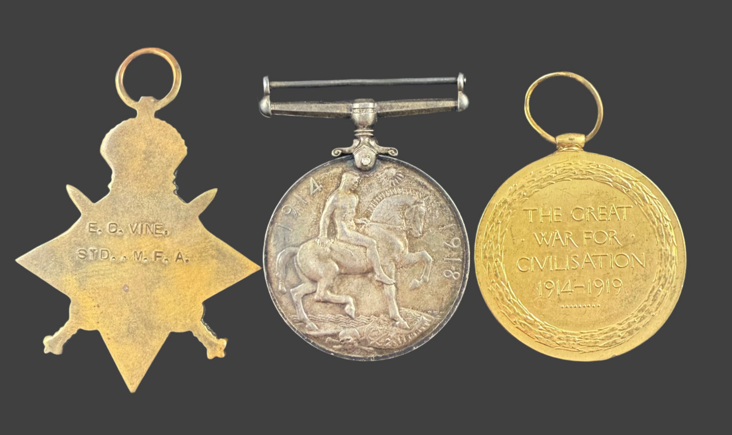 WWI 1914-15 Medal Trio to Mercantile Fleet Auxiliary - Berkshire Regiment - Ox & Bucks LI - Vine