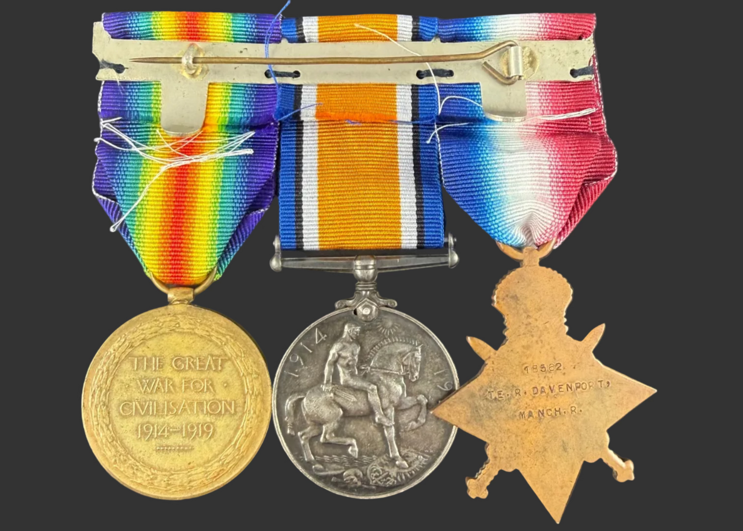 British - WWI - 1914-15 Medal Trio to Manchester Regiment - Davenport