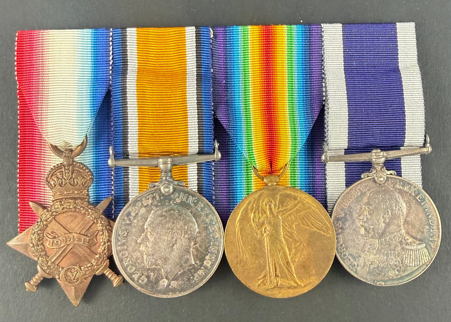 British - WWI - 1914-15 Medal Trio and Royal Navy Long Service Medal Group - HMS Dominion - Moyse