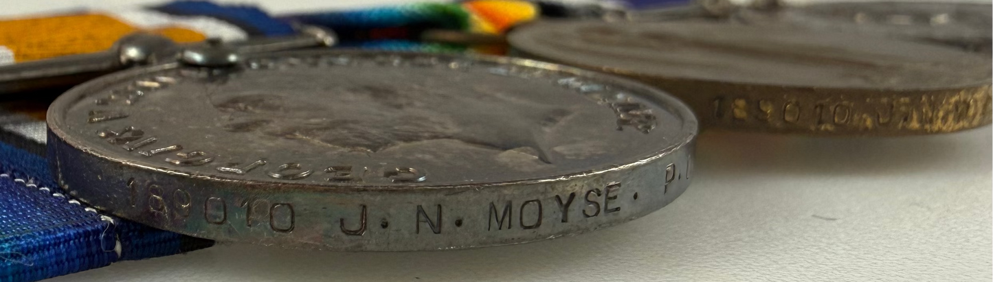 British - WWI - 1914-15 Medal Trio and Royal Navy Long Service Medal Group - HMS Dominion - Moyse