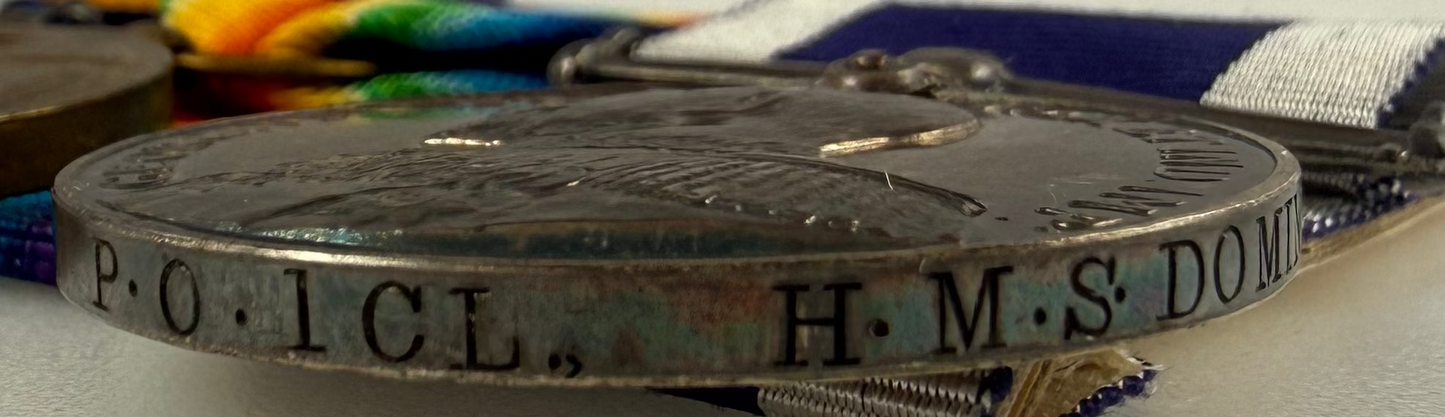 British - WWI - 1914-15 Medal Trio and Royal Navy Long Service Medal Group - HMS Dominion - Moyse